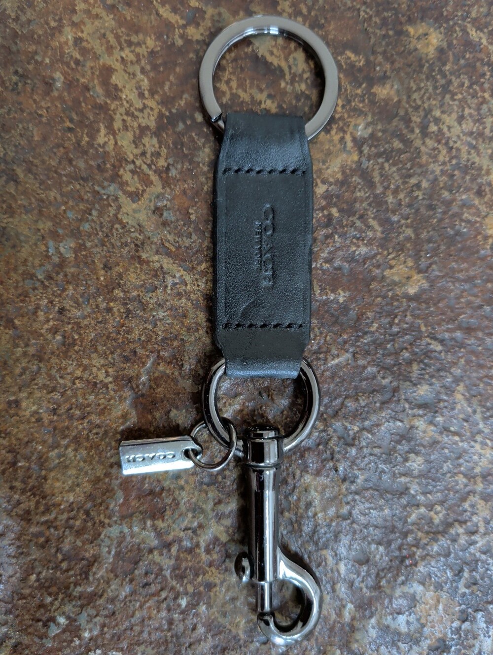 Coach Black Leather Key Ring with Dark Hardware